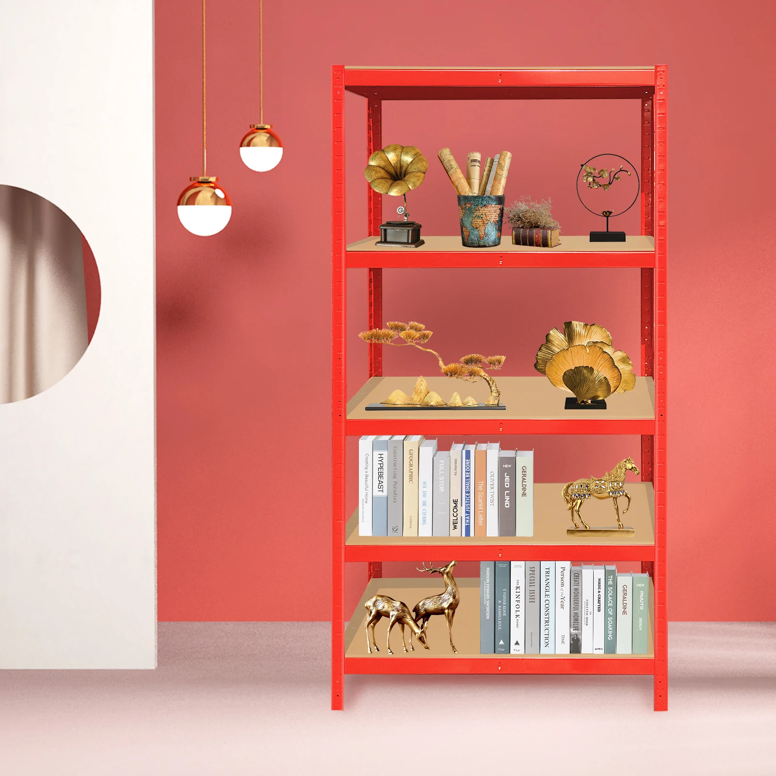 رف تخزين عالي التحمل من 5 طبقات باللون الأحمر 875 كجم، وحدات رفوف معدنية خالية من الأدوات قابلة للتعديل لمستودع المرآب 180X90X40CM