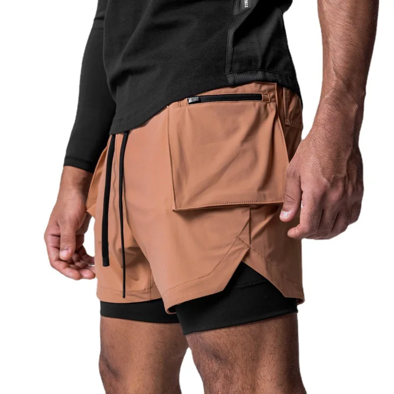 Muscle Gym Men\'s Running Multi-pocket Shorts Double-decker 2in1 Outdoor Casual Short Pants Fitness Quick Dry Basketball Shorts