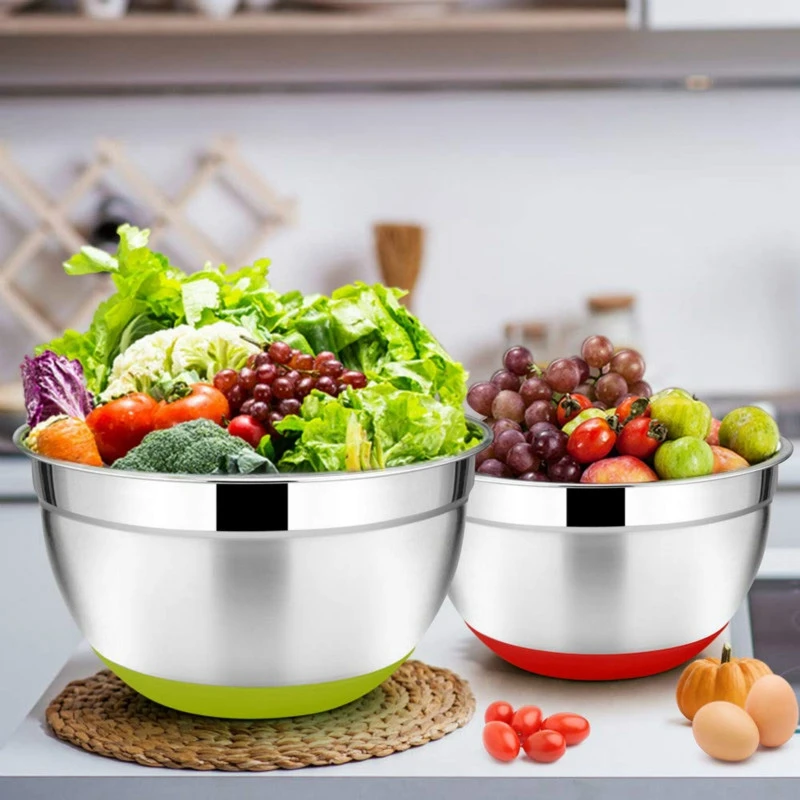 New 5Pcs Stainless Steel Mixing Bowls 18-26Cm Diameter Metal Nesting Bowls With Colorful Airtight Lids Non-Slip Bottoms