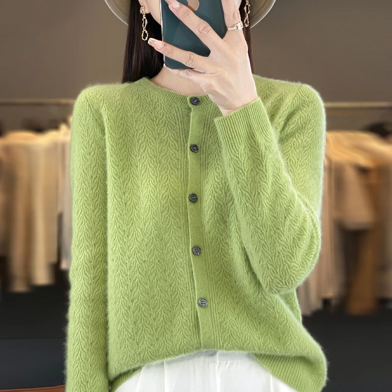 

BELIARST 100% Merino Wool Sweater Women's Round Neck Phoenix Tail Cardigan Spring and Autumn New Thin Knit Bottom Sweater Top