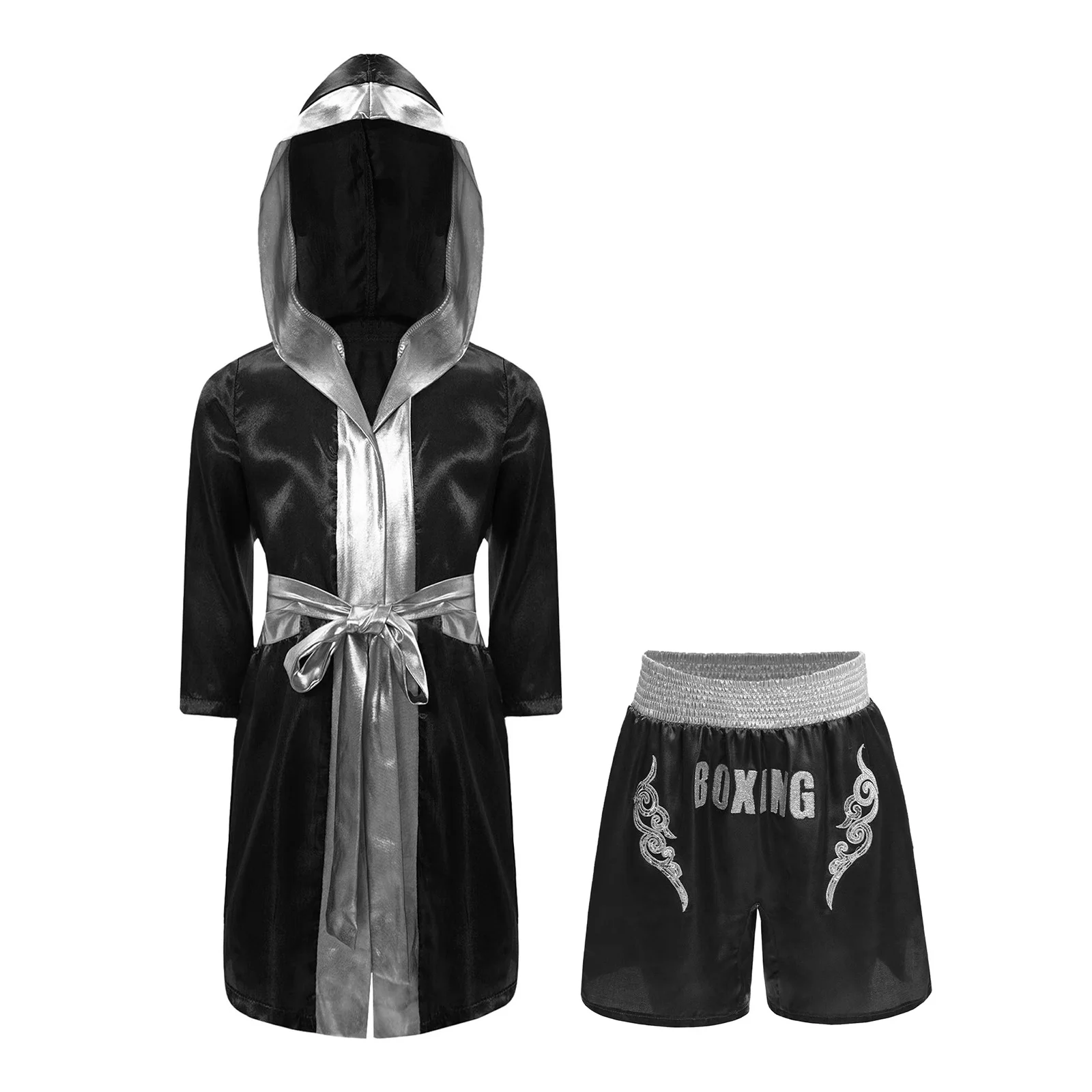 

Kids Boys Girls Boxing Costume Muay Thai Fight Grappling Outfit Hooded Cloak Robe with Belt And Letter Printed Boxer Shorts