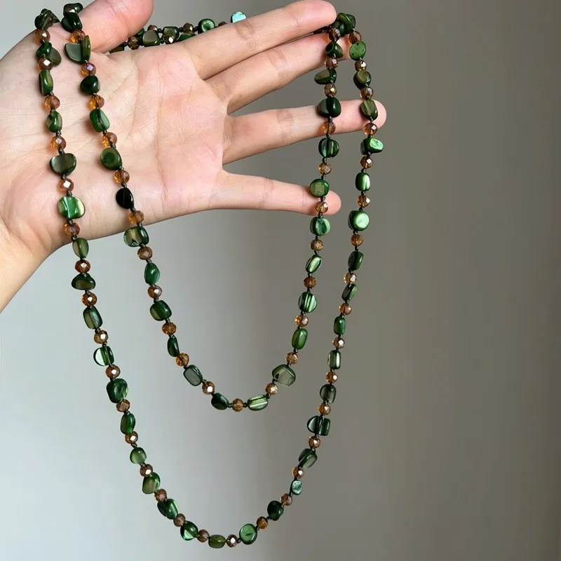 Eclectic green shell bead layered necklace for long style Bohemian style suitable for spring and summer collar chain
