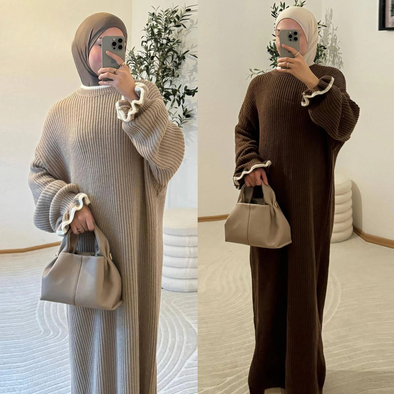 

Оптовая продажа зимней тёплой трикотажной исламской одежды: скромное женское платье Лория с эластичными рукавами, закрытая абайя для мусульманок.