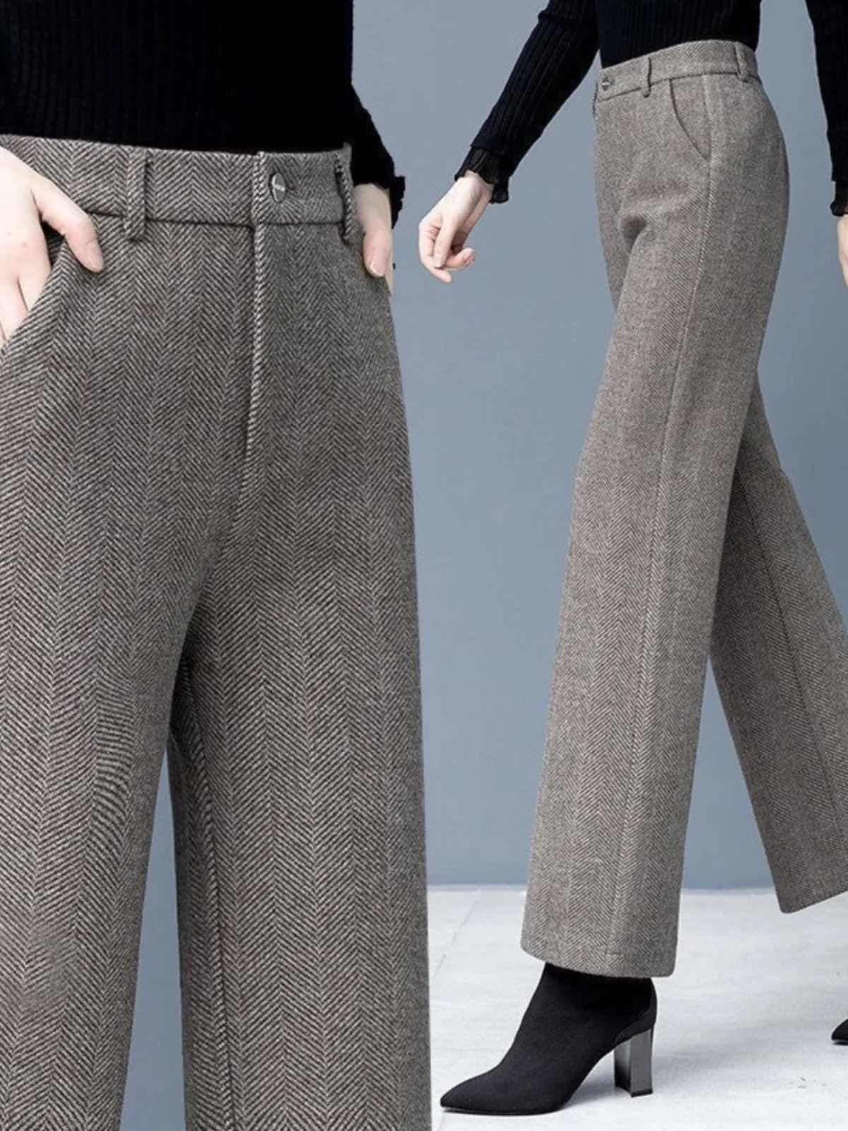 Autumn Winter Woolen Wide Leg Pants High Waist Trousers for Women Thick Straight Cut Pants Casual Nine Point Pants