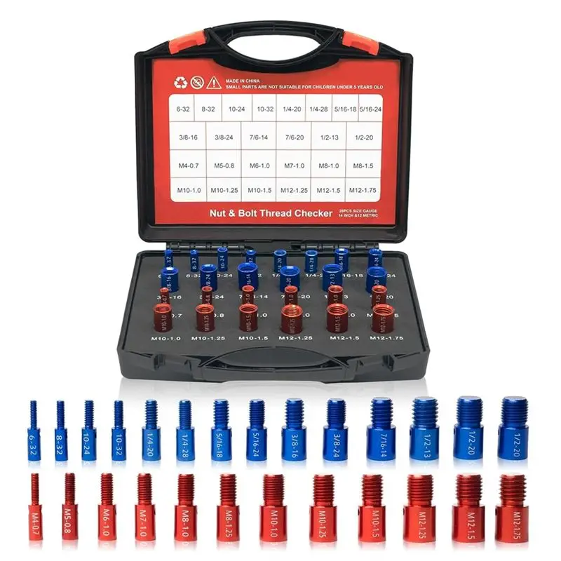 ABFU-Nut And Bolt Thread Checker (Red & Blue) Nut And Bolt Size Gauge- 14 Inch & 12 Metric Assembled Thread Gauge Accessories