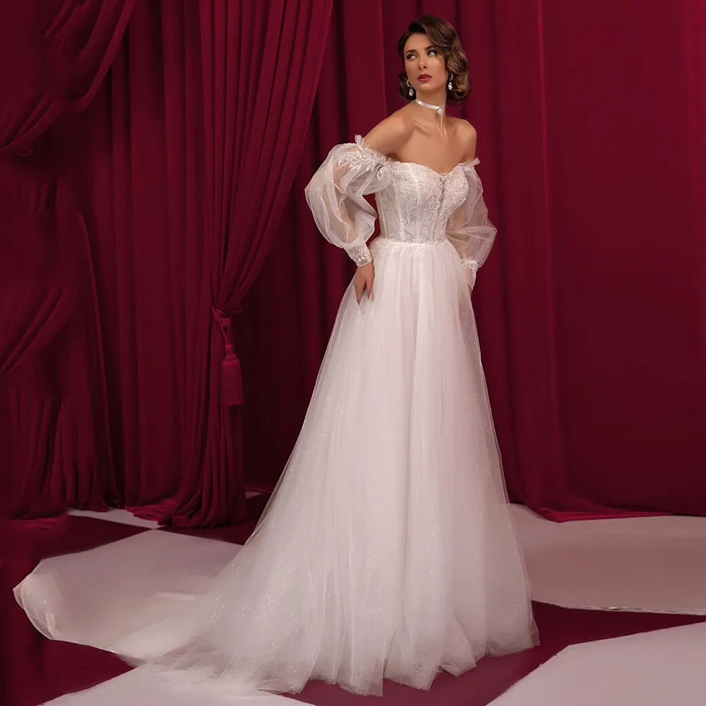 

Off The Shoulder Ivory Bridal Dress A Line Lace Up Wedding Gowns Long Sleeves Appliques Tulle Wedding Dress Floor Length Long