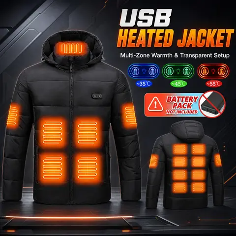 2026 New Heated Jacket, Winter Warm Outdoor USB Electric Heated Cotton Jacket with 15 Carbon Fiber Heating Pads