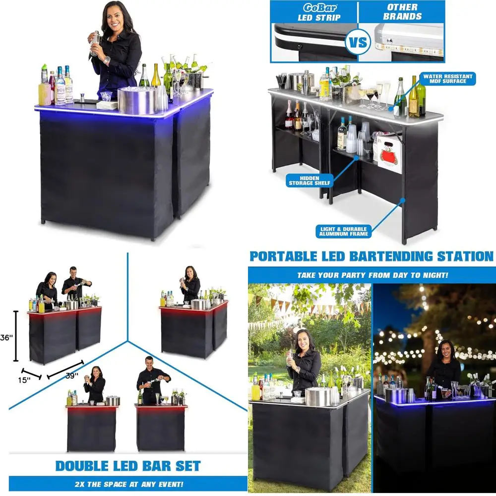 

Portable Double Bar Table with LED Lights - Mobile Bartending Station for Events with Carrying Case