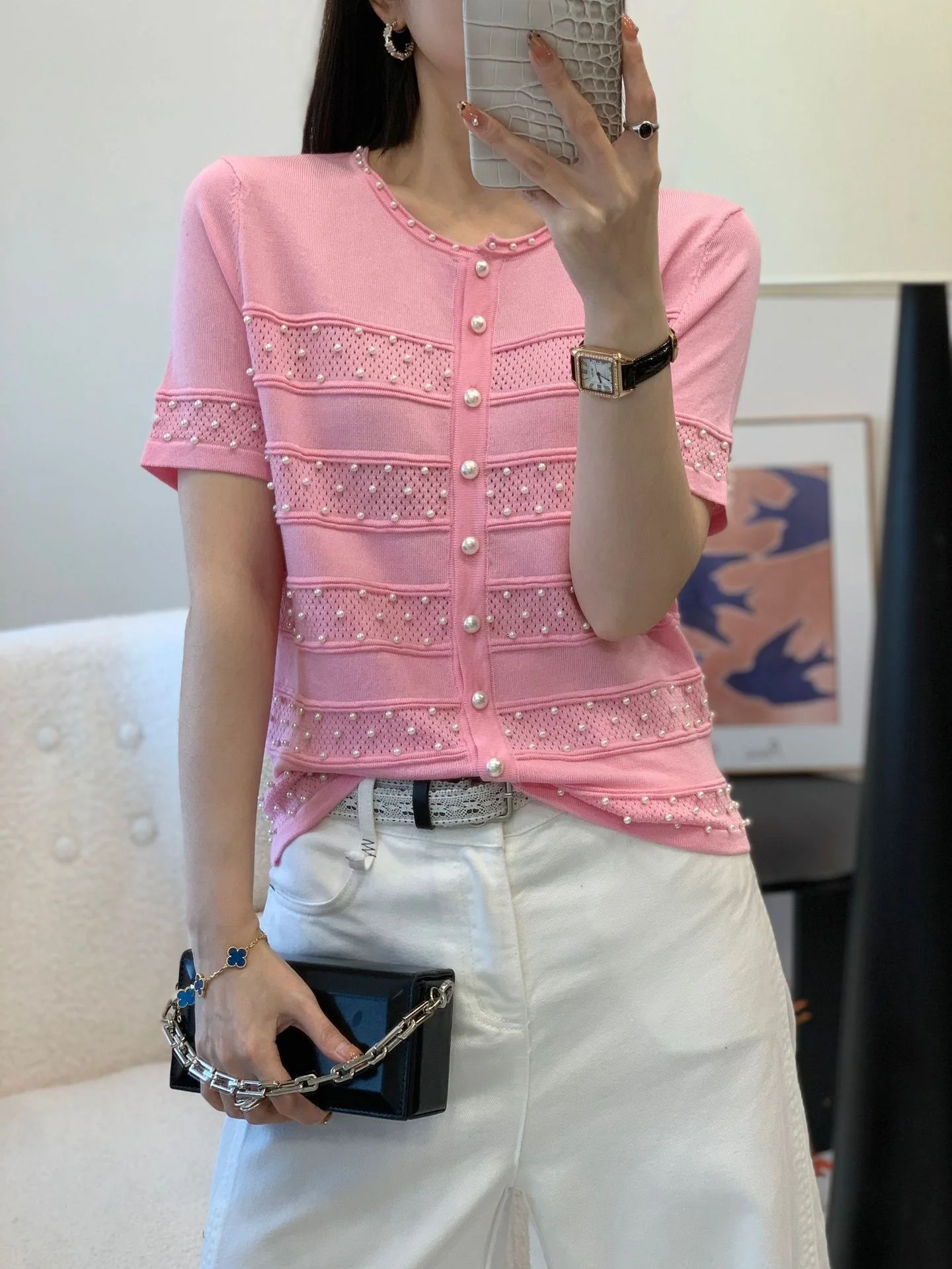 

Европейский вязаный кардиган с круглым вырезом и коротким рукавом, с объемной отделкой, ажурный, элегантный, для весны и лета