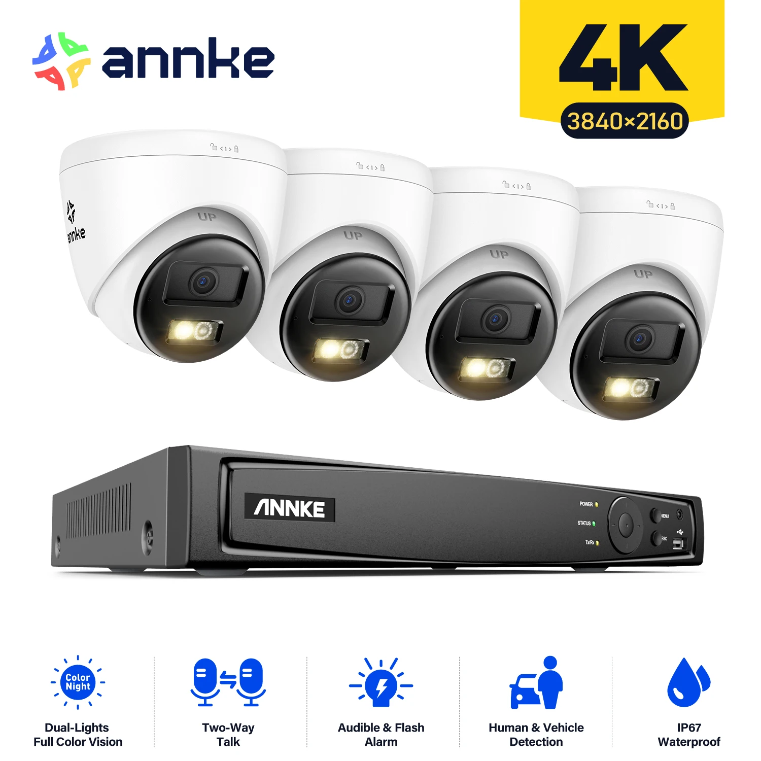 ANNKE two-way Audio 8MP 4PCS Cameras PoE Security System Set Human Vehicle Detection flashing alarm Audio alarm 4K 8CH NVR