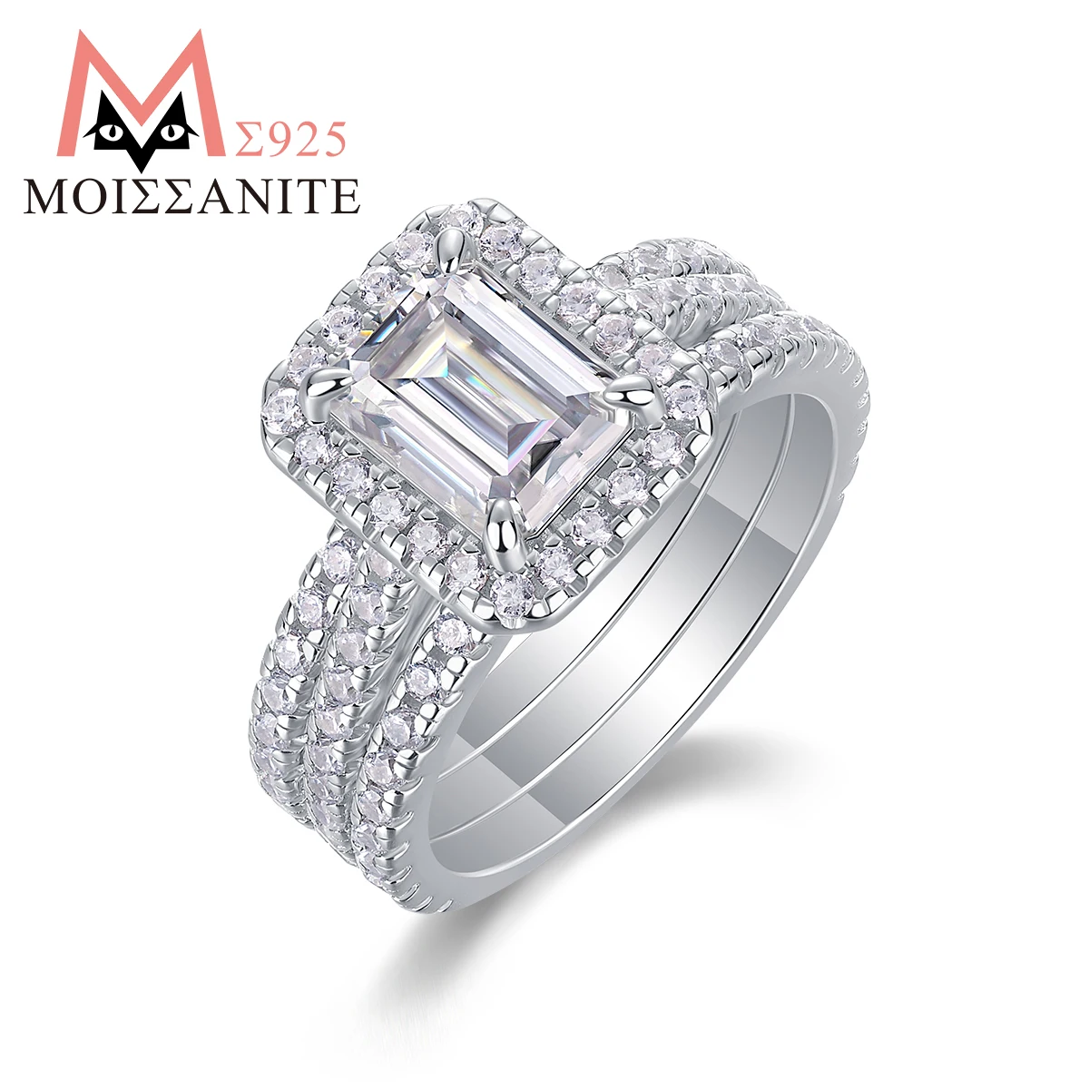 JIUZUAN 6x8mm Octagon Moissanite Ring Set, S925 Silver, 18K White Gold Plated, Three-Piece Stacking Design, Elegant Bridal Jewe