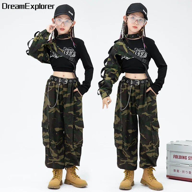 

Girls Hip Hop Crop Top Camouflage Cargo Pants Clothes Sets Child Military Streetwear Street Dance Joggers Kids Jazz Cool Costume