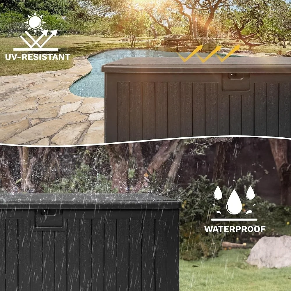 230 Gallon Outdoor Storage Box Double Wall Waterproof Deck Box Divider Table Bench Seating 1000 lbs Weight Capacity