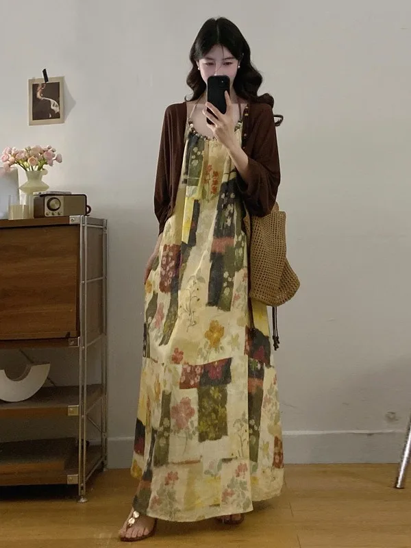 plus Size Women's Vintage Geometric Print Halter Dress Summer New Waist Cinched A-Line Long Dress Loose Fit Printed Maxi Dress