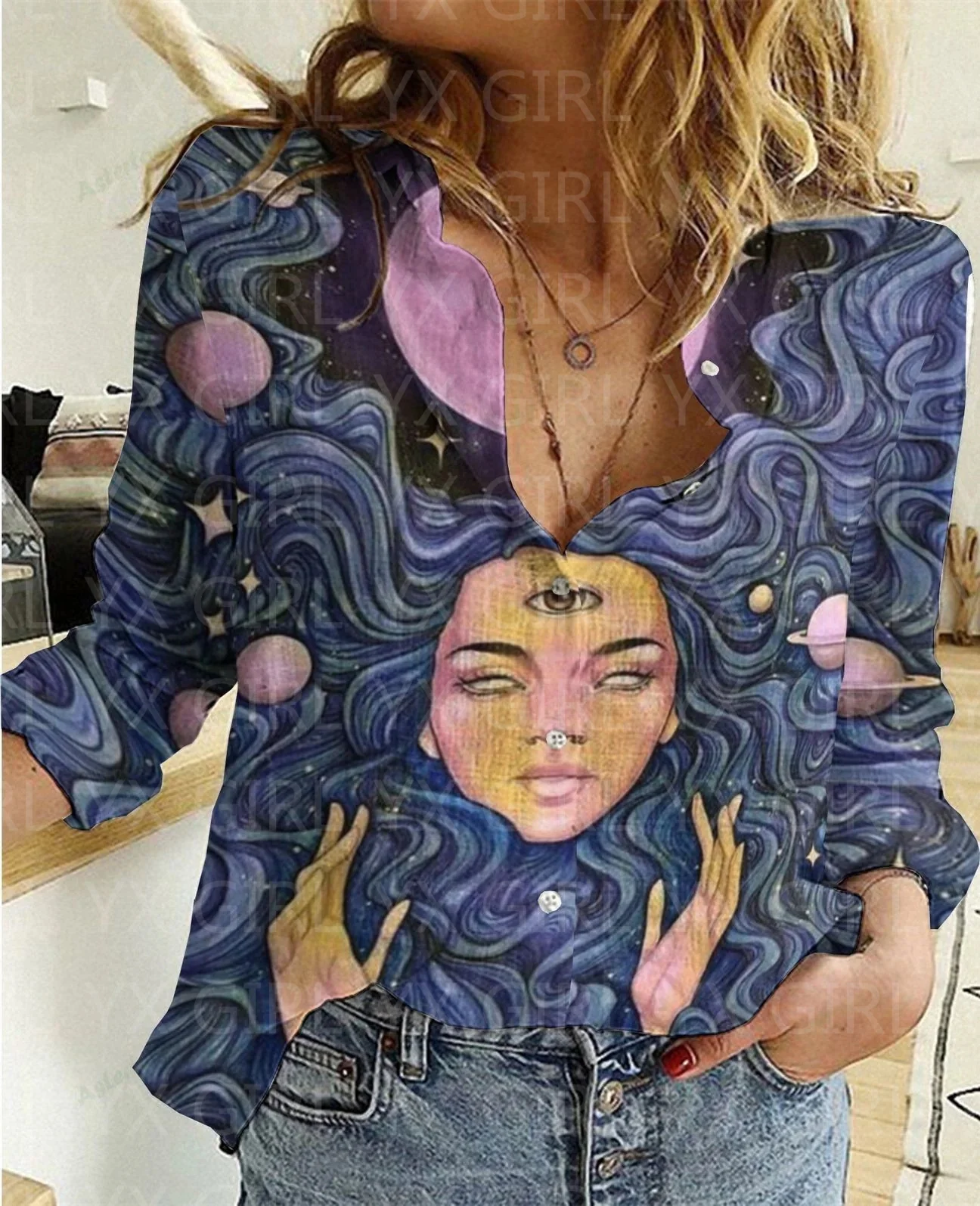 Wicca-camisa ocasional impressa 3d das mulheres com botão, streetwear original