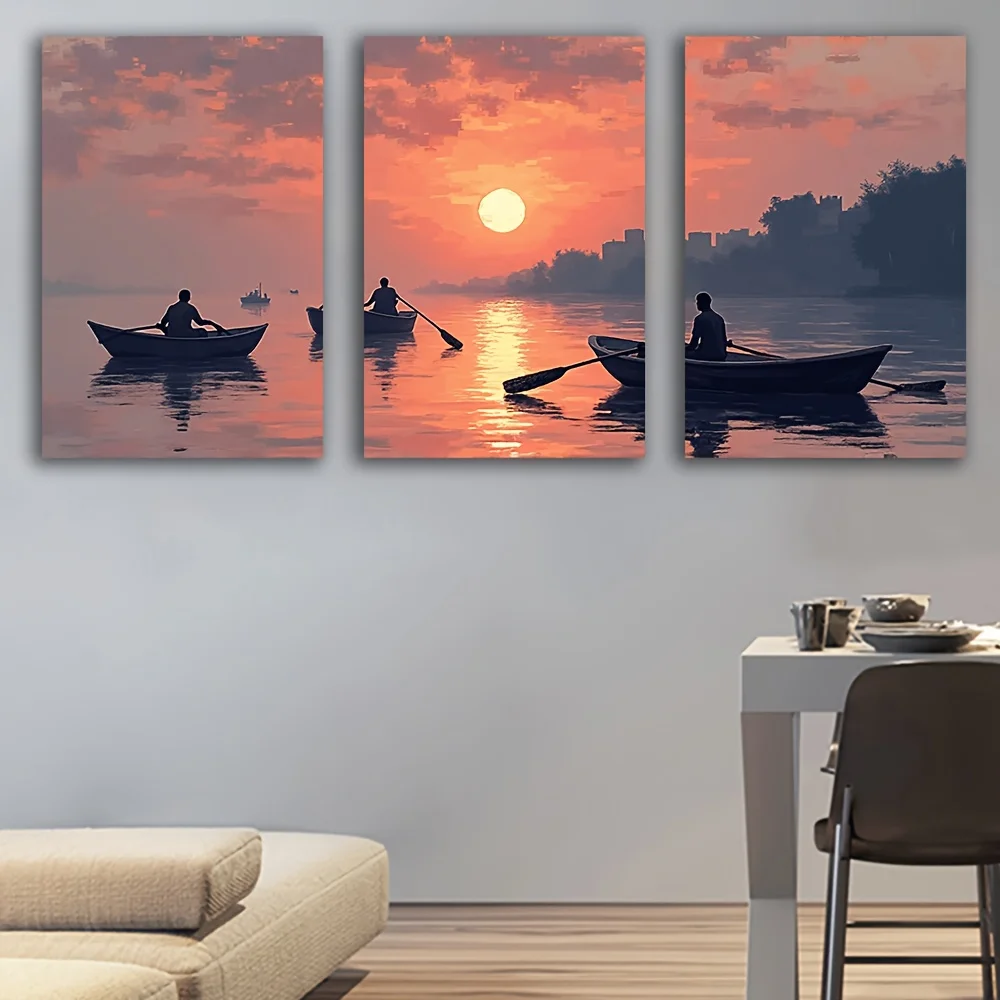 3pcs Modern Vertical Triptych Frameless Canvas Wall Art - Spray-Painted Coastal Rowing Scene Suitable for Living Room, Bedroo