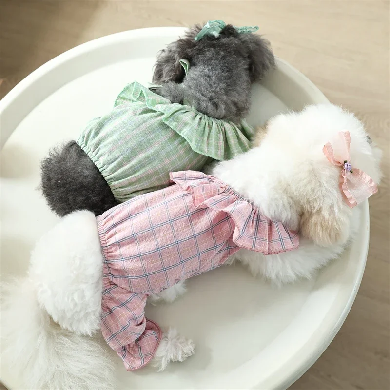 

Fashion Pet Plaid Clothes Ruffle Around Green Plaid Sling Jumpsuit Spring Summer Puppy Outdoor Sweatshirt XS-XL Pet Clothes
