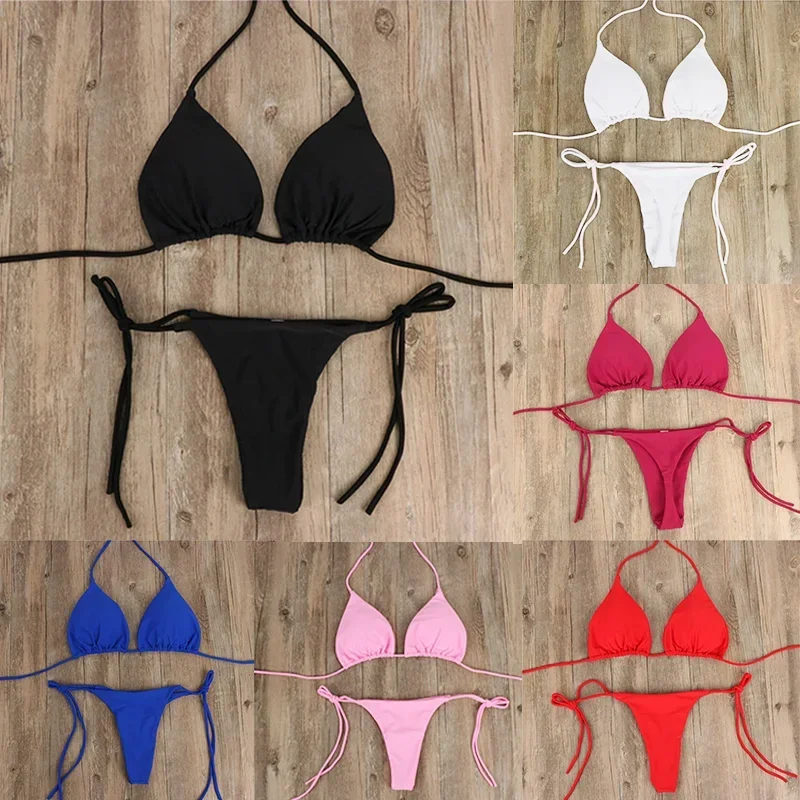 Beach Style Swimsuit for Women Sexy Halter Swimwear Solid Thong Female Bikini Set Bathing Suit Bikini Mujer Lingerie