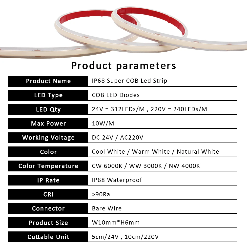 AC 220V COB Strip DC 24V 312Leds/m IP68 Waterproof 3000K 4000K 6000K Flexible Ribbon LED Light Diode Tape Lamp Linear Lighting