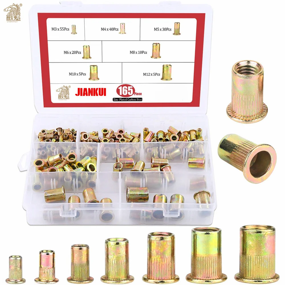 

165pcs/set Mixed Carbon Steel Rivet Nut M3 M4 M5 M6 M8 M10 M12 Nut Zinc Plated Flat Head Threaded Insert Nut Kit