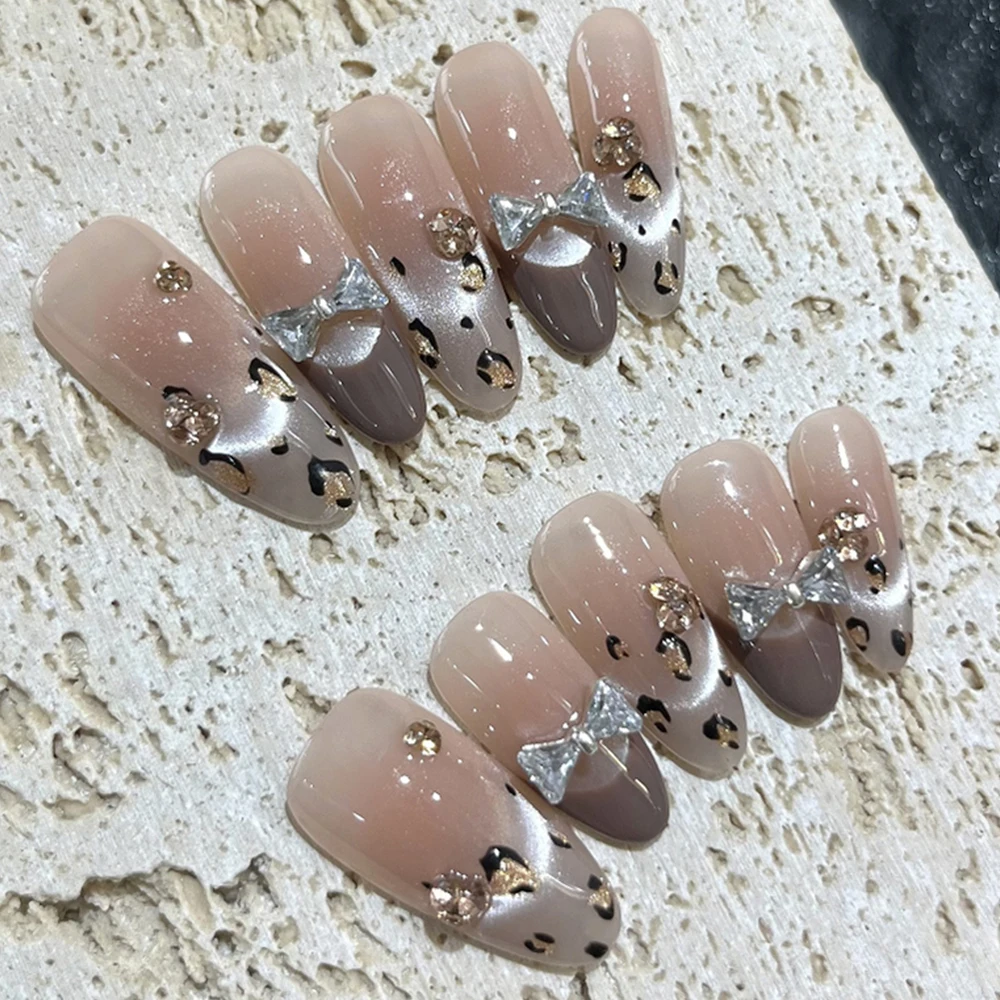 10 pçs olhos de gato artesanal longo caixão elipse imprensa francesa em unhas 3d glitter strass flores pérola gradientes cobertura completa prego