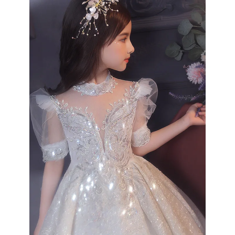 Fashion Kids Girls Flower Dresses Shining Sequins Beading Fluffy Children Dress Stand Up Collar Bubble Sleeves Piano Prom Gown