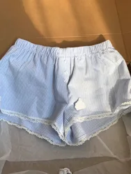 Pernas largas de renda feminina, calça feminina listrada, shorts doces de dois tons, moda verão, 2022