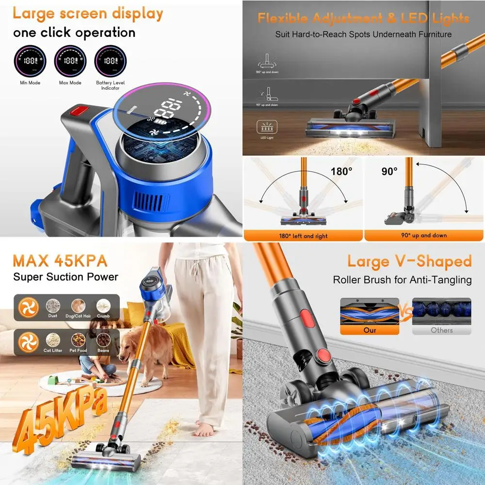 

45Kpa Cordless Vacuum, 45 Mins Run Time, Anti-Tangle, Wall-Mount, Lightweight for Hard Floors & Pet Hair, Y501