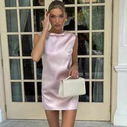 Chic Satin Bow Mini Dress For Women Sexy Backless Sleeveless Round Neck Dresses Fashion Evening Party Female Pink Vestidos
