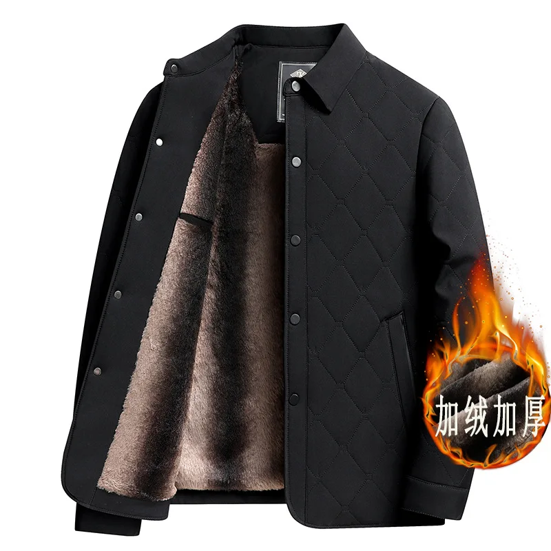 Diamond Quilted Fleece Lined Jacket Mens Stand Collar Zip Up Thick Warm Winter Coat Classic Mature Business Casual Outerwear