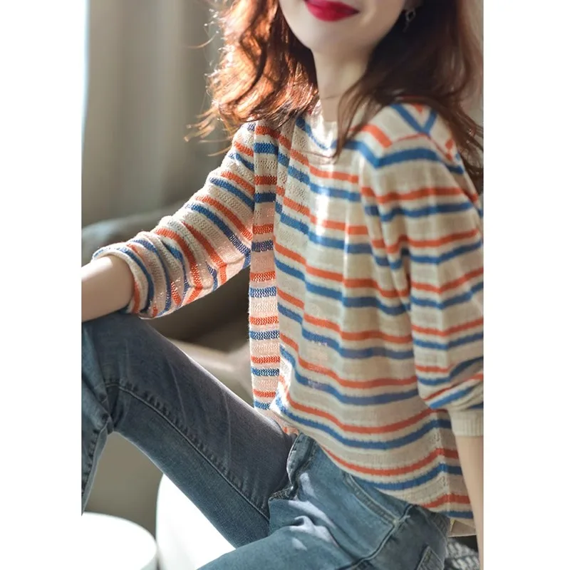 Fashion thin hollow color striped cashmere sweater women\'s spring and autumn loose thin wool base shirt