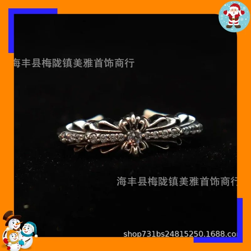 New Vintage Trendy Guardian Ring with Diamond Narrow Cross Flower Open Ring Couple Ring