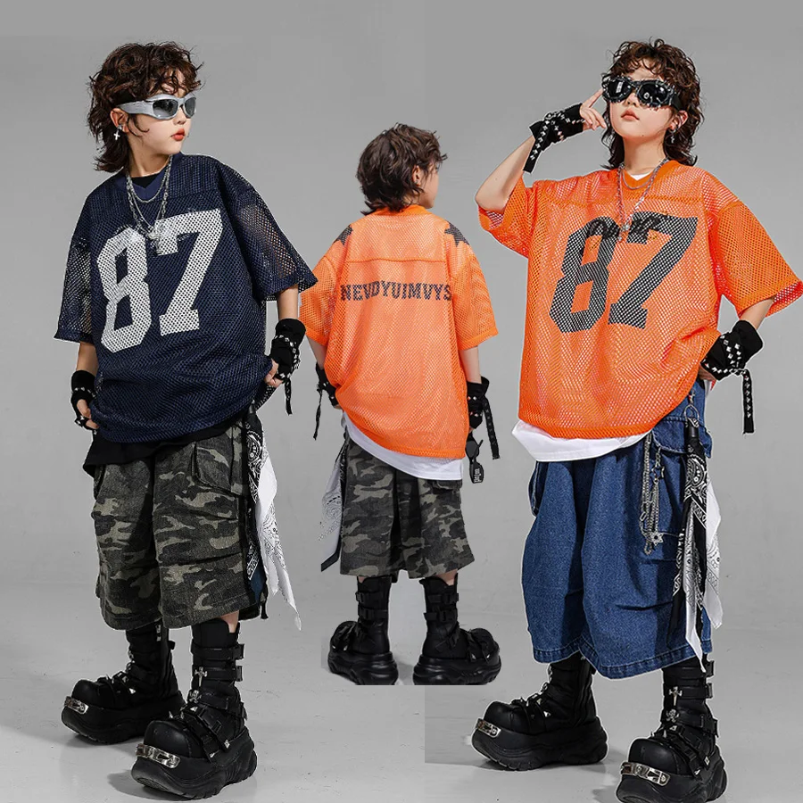 

Children Boys Girls Summer Streetwear Hip Hop Loose Short Sleeve Mesh T-shirt Shorts Sets Kids Tracksuits Stage Show Costume