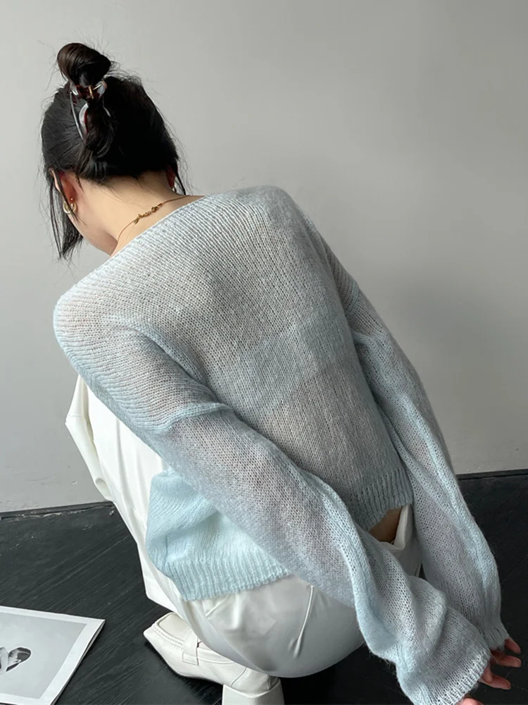 [EAM] Thin Beige Big Size Knitting Sweater Round Neck Long Sleeve Women Pullovers New Fashion Tide Spring Summer 2024 1DF0250