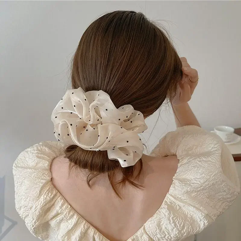 النساء المتضخم Scrunchies موضة نقطة نقطة شبكة الشعر حبل كبير النسيج مطاطا رباط شعر ذيل حصان حامل أغطية الرأس #3