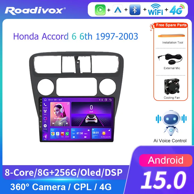 AI VOICE roadivox Android car radio for Honda Accord 6 6th 1997 2003 stereo GPS Navigation video Multimedia Player tape recorder