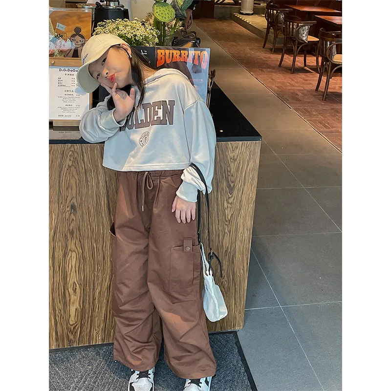 

Girl Pants 2023 New Autumn Fashion Style Solid Parachute Cargo Pants Children American High Waist Wide Leg Pants Kids Clothes