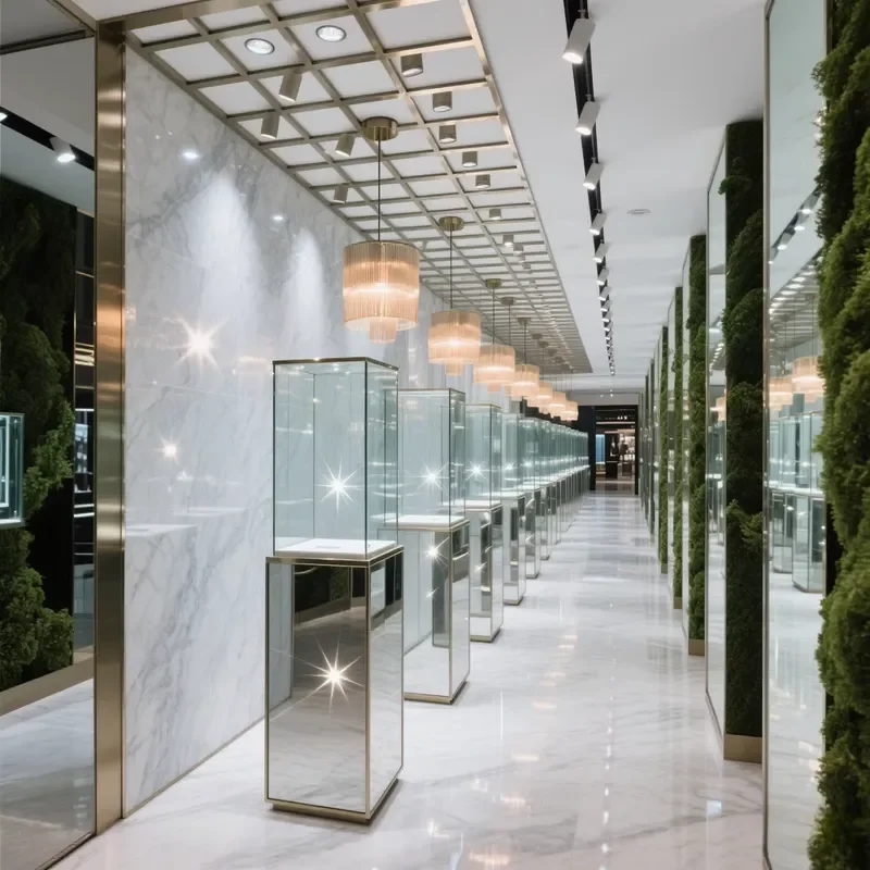 High End Revolving LED Lighting Glass Wall Gold Shelves Display Showcase for Jewelry Tobacco Mobile Grocery Cake Flower Store