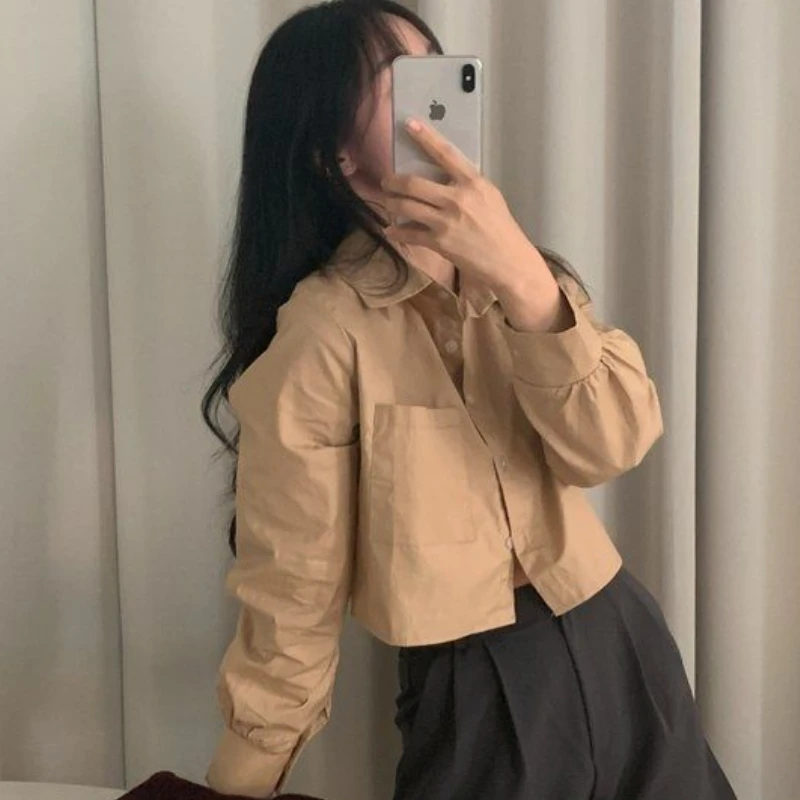 Shirts Women Vintage Crop Tops Loose Spring Streetwear Office Ladies Simple Casual Daily Korean Style Aesthetic Popular Basics