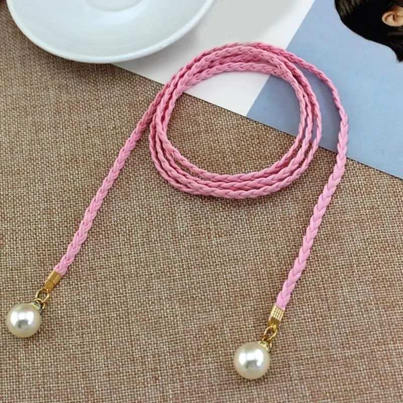 

Delicate Pearl Decors Waist Belt Women Elastic Belt Weave Braided Belt Thin Waistband Colorful Knot Vintage Bohemian 49MB