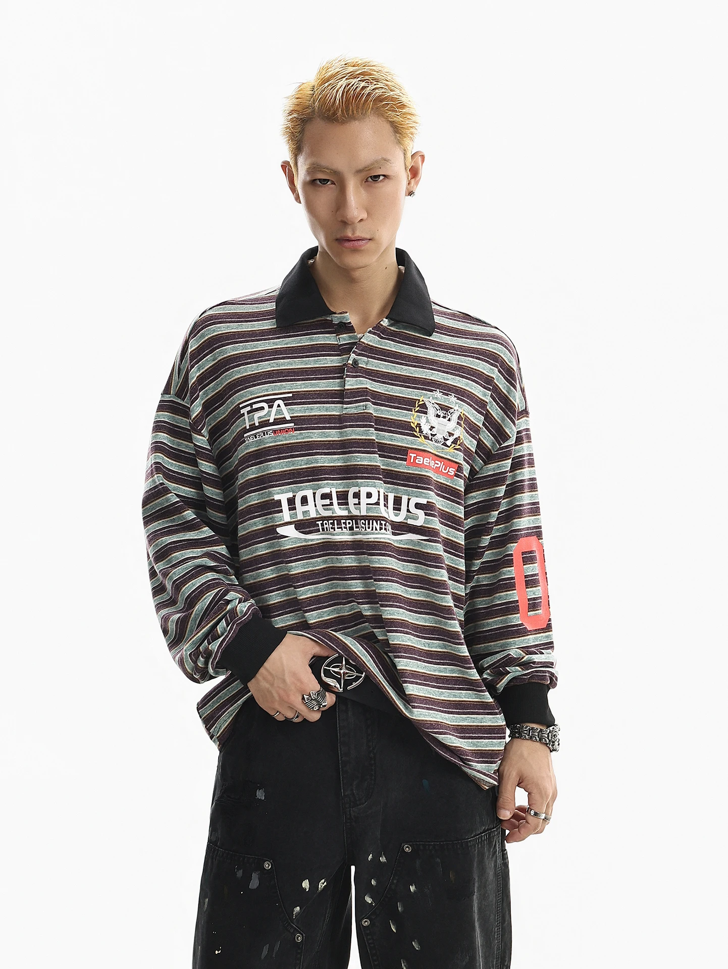 BETEBULE American Style Long Sleeve  Neck T-Shirt Men's Spring Loose Fit Printed Striped Top Casual Comfortable Shirt