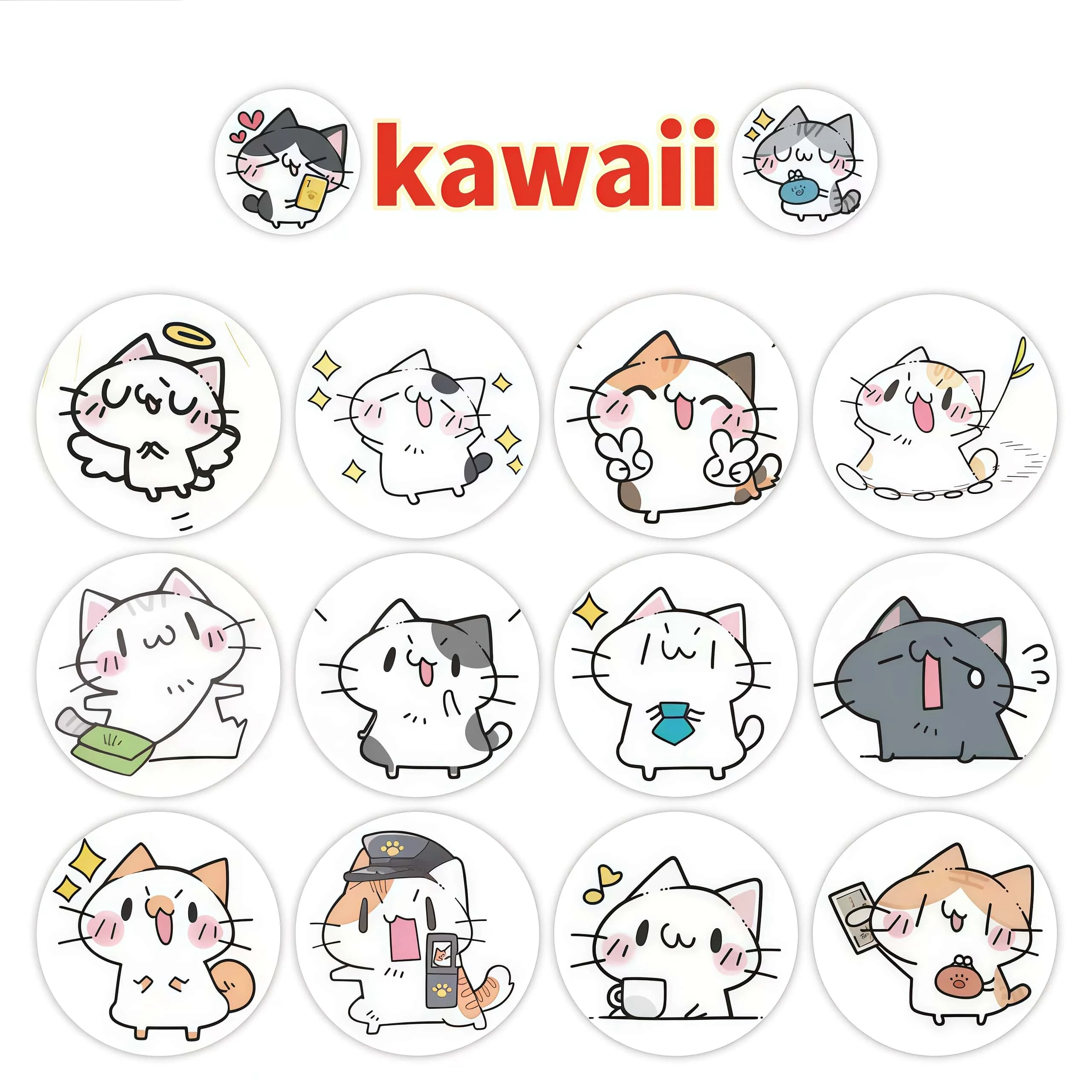 500Pcs Cute Cartoon Cat Expression Round Sticker Roll, Multi Funny Kitten Pattern Labels for Package Sealing Journal Scrapbook