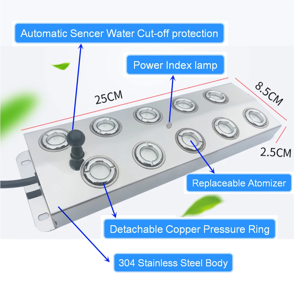 Ultrasonic Atomizer Industrial Humidifier DC 48V 7000mL/H 10 Head Ultrasonic Mist Maker Fogger With 110V  Or 220V Power Supply