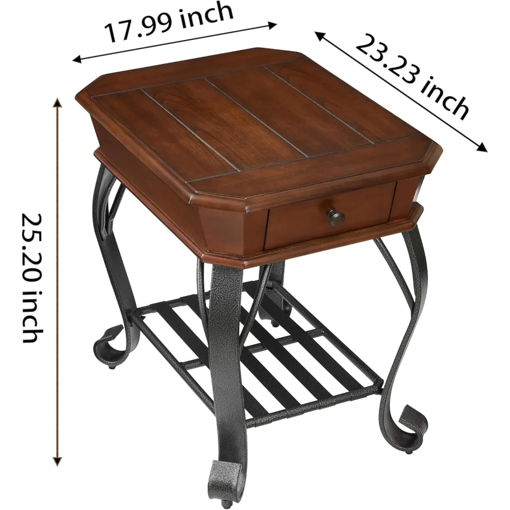 Retro Hexagon Wood End Table with Wood Top, 2 Tier Mid-Century Side Table with Drawer ＆ Metal Leg