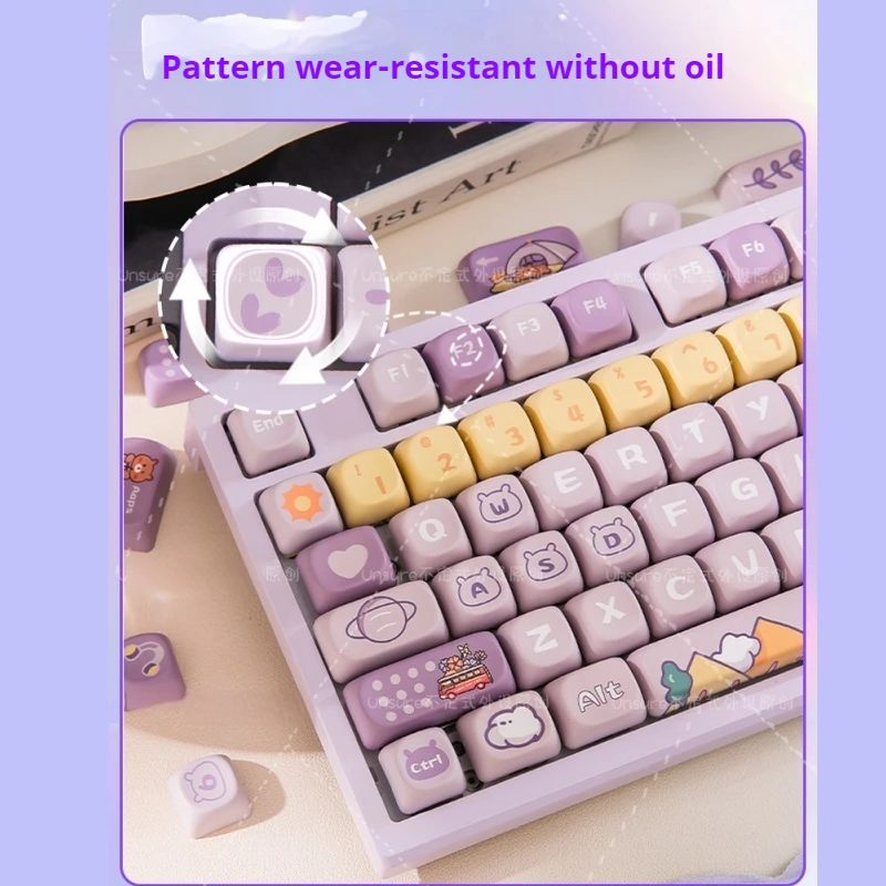 Little Bear Travel Theme Keycaps 140 Key Moa Cherry Pbt Thermal Sublimation Craft Personalized  Keyboard Keycaps Cute Purple