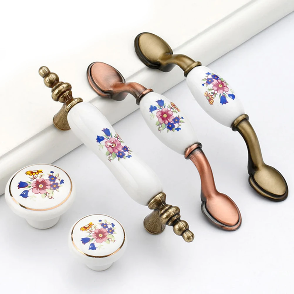 

2 Pcs Furniture Pull Handle Vintage Cabinet Hardware Floral Knobs Retro Porcelain