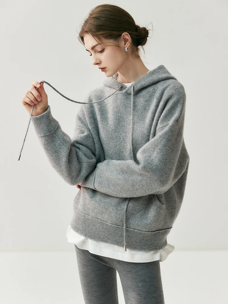 High‑Quality Women Fall Winter 100% Cashmere Hooded Drawstring Pullover Hoodie Casual Thick Soft Knit Top