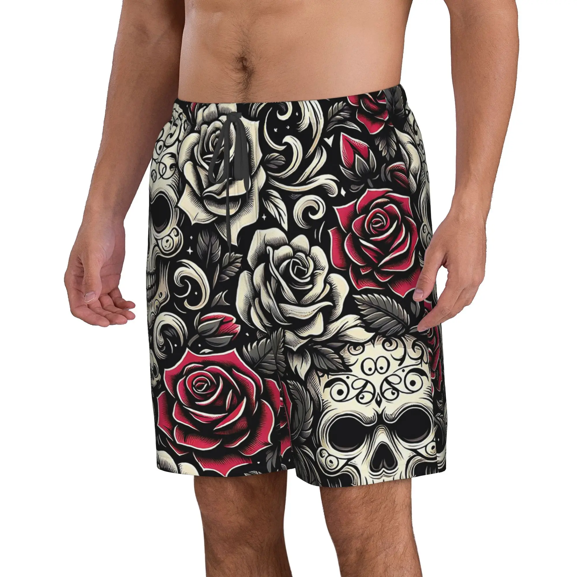 Vintage Skulls & Roses Pattern Trunks Beach Board Shorts Casual Quick Dry Swim Summer Men Pants