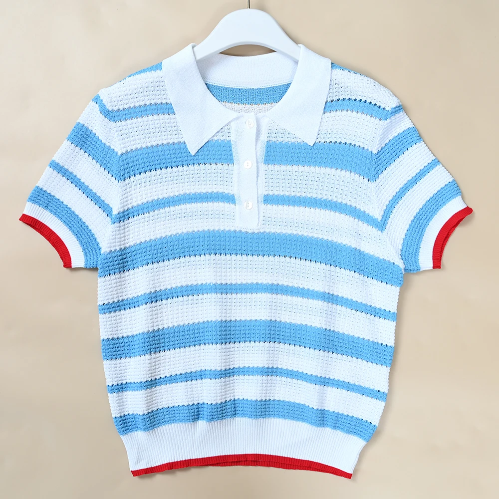 

New Women's Color Block Stripe Hollow Neck Short Sleeve Knitted Slim Fit Short Top Casual Style Soft Fabric Summer Thin