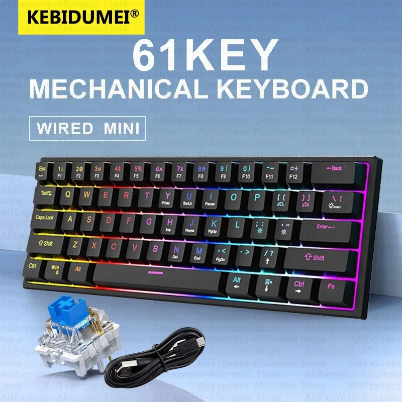 

Мини-проводная механическая клавиатура, 61-клавишная игровая клавиатура, RGB-подсветка, голубая ось, колпачки для клавиш, офисная клавиатура для ПК, ноутбука Macbook ﻿